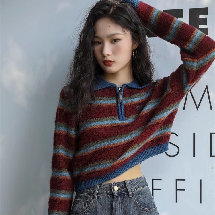 2023新款美式学院风条纹毛衣复古设计感polo领套头长袖针织上衣潮