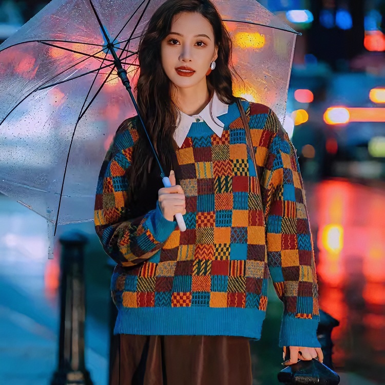 港风复古格子长袖针织衫女秋冬季新款设计感小众宽松百搭圣诞毛衣