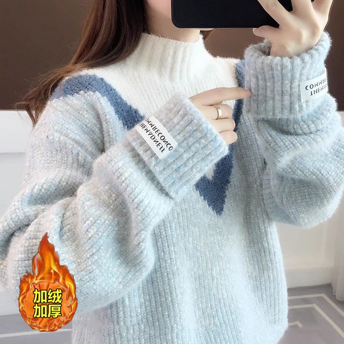 仿水貂绒秋冬加绒加厚高领针织打底衫大码套头短款洋气毛衣女百搭