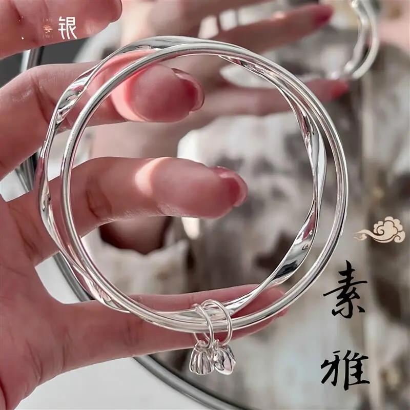足银手镯  足银999莲蓬莲心两世欢莫比乌斯双环银镯个性女