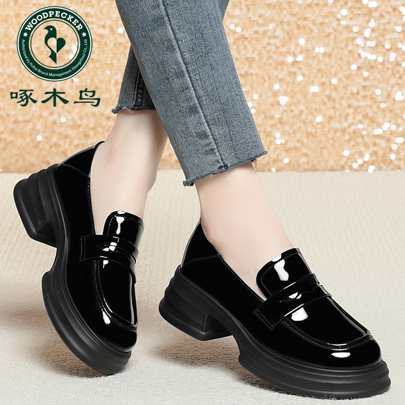啄木鸟春秋中跟单鞋子新款女鞋厚底英伦风乐福鞋软底小皮鞋女