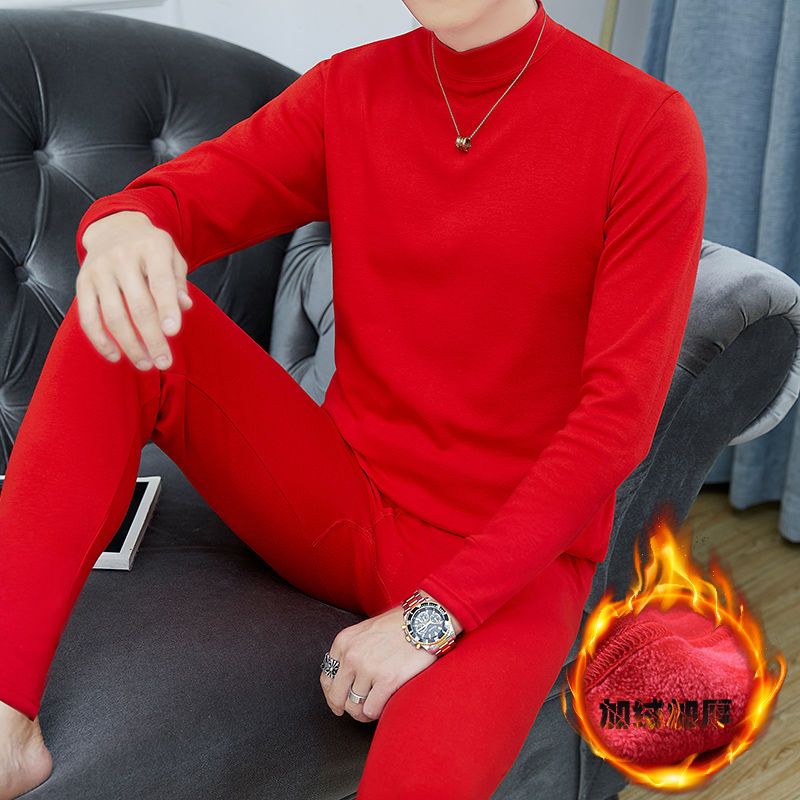 雪中飞本命年虎年红色套装男士保暖内衣加绒加厚老年人男装爸爸装