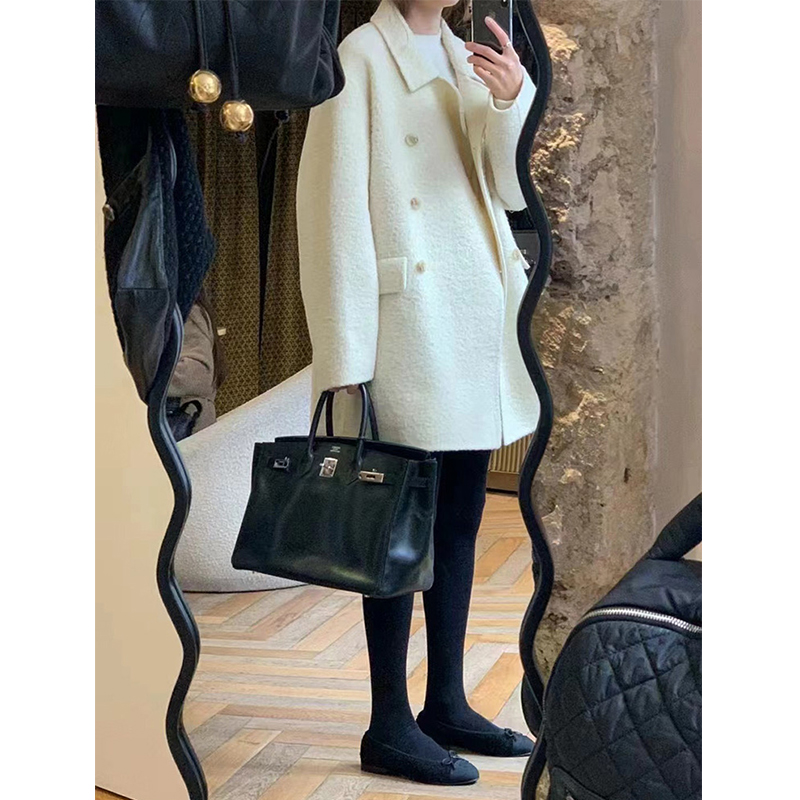 2025冬韩国东大门气质双排扣双面呢苏力羊毛手缝大衣外套
