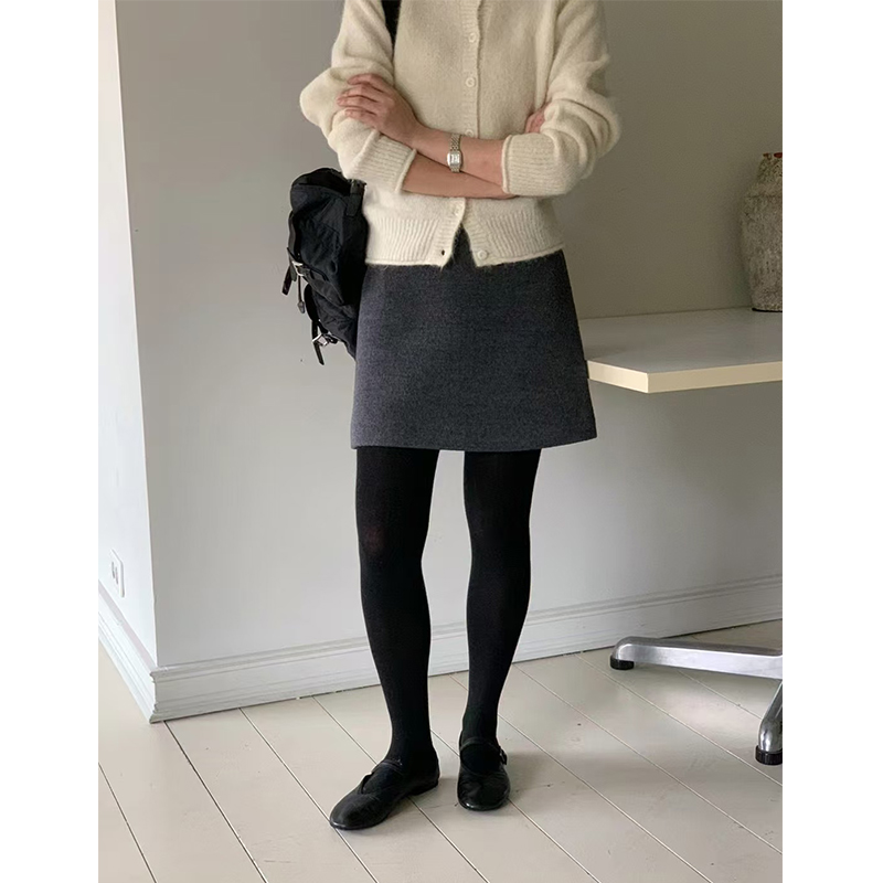 韩国东大门JIN*SIM 经典百搭洋气纯色毛呢短裙A字高腰半身裙春秋