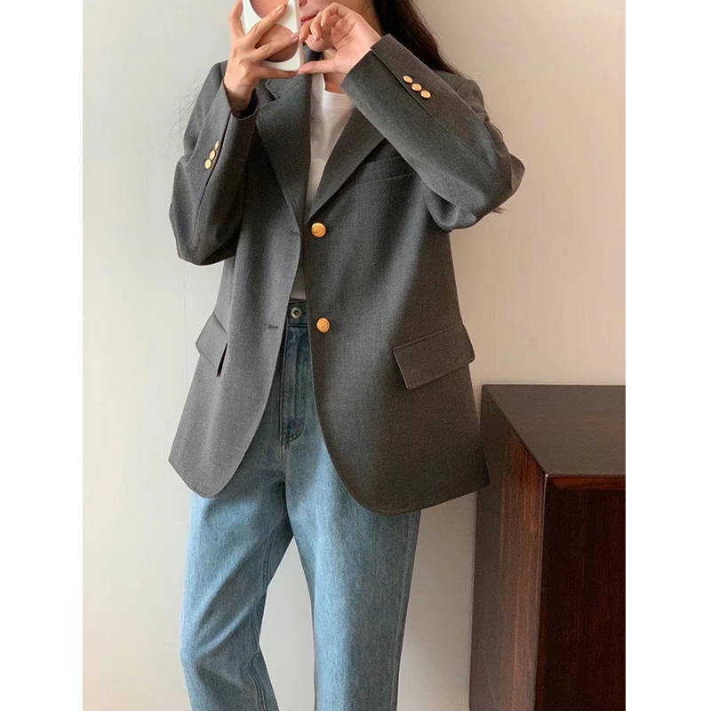 韩国东大门eg*g 复古经典英伦休闲气质显瘦金扣西装外套秋上衣女
