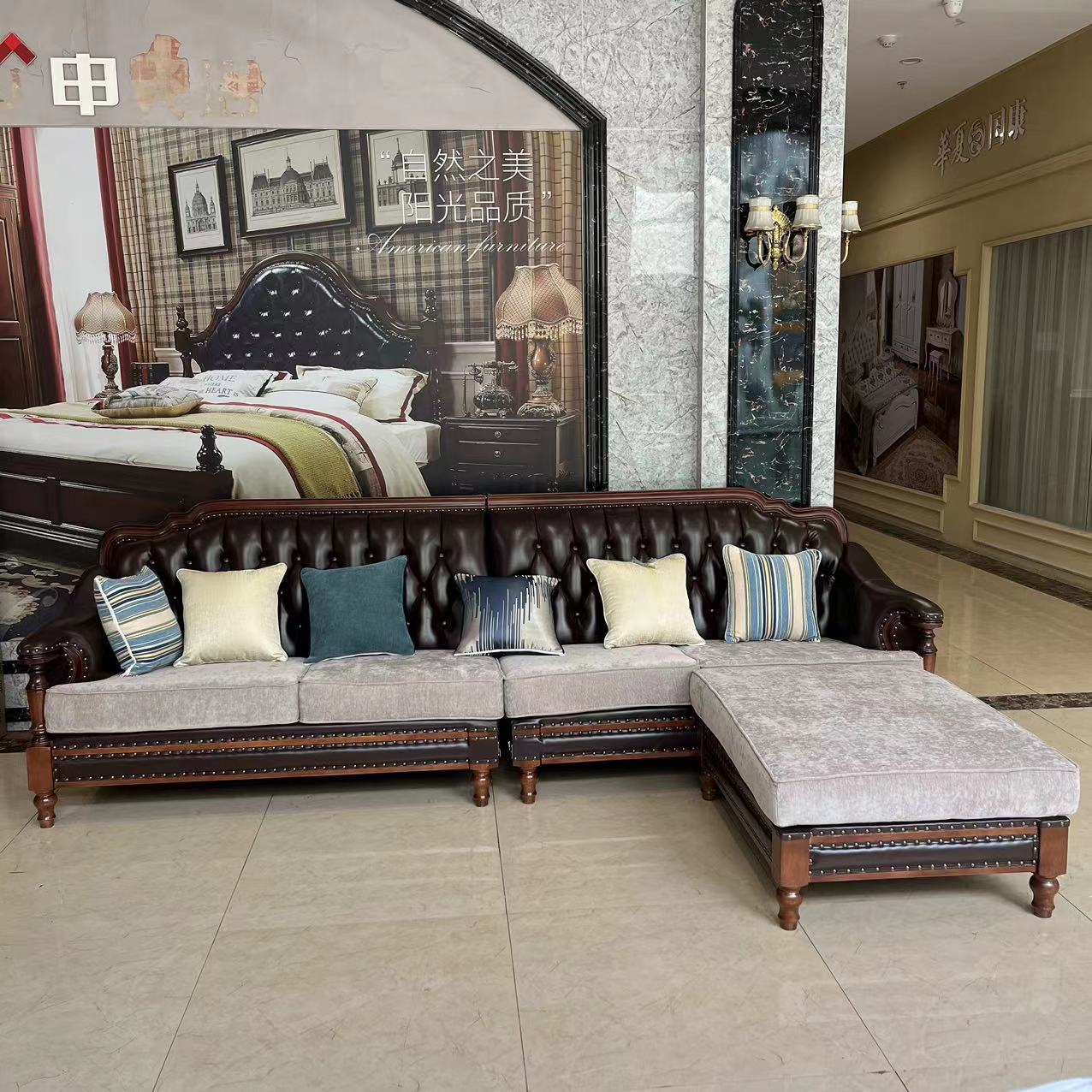 美式实木沙发客厅高档转角大小户型简约L型复古美式乡村皮沙发