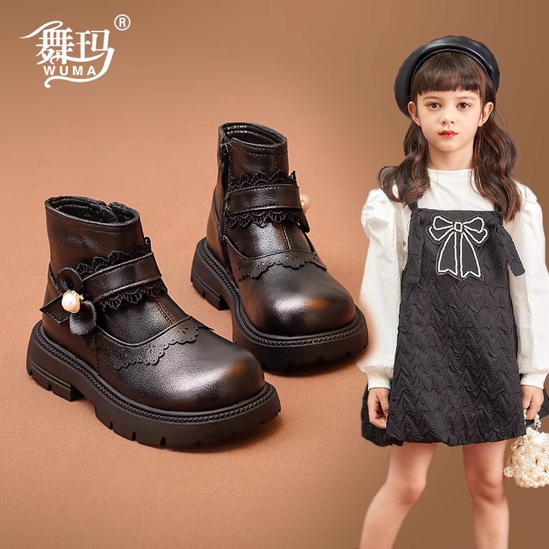 舞玛女童马丁靴儿童短靴2025新款宝宝秋冬季加绒黑色二棉鞋234911