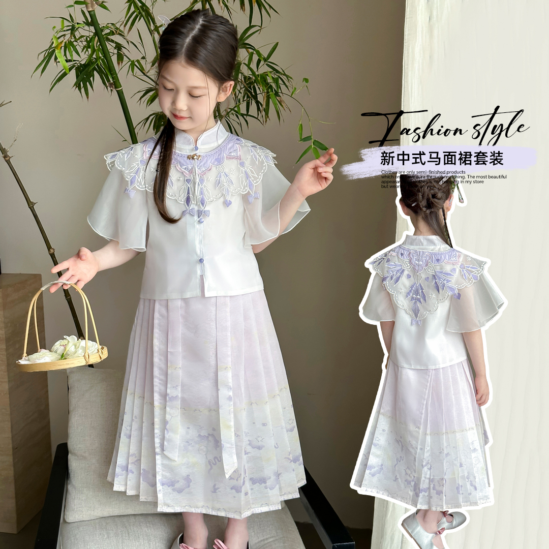 小菲特童装夏季新款6-12岁中大童绣花披肩马面裙套装   SSTX40920