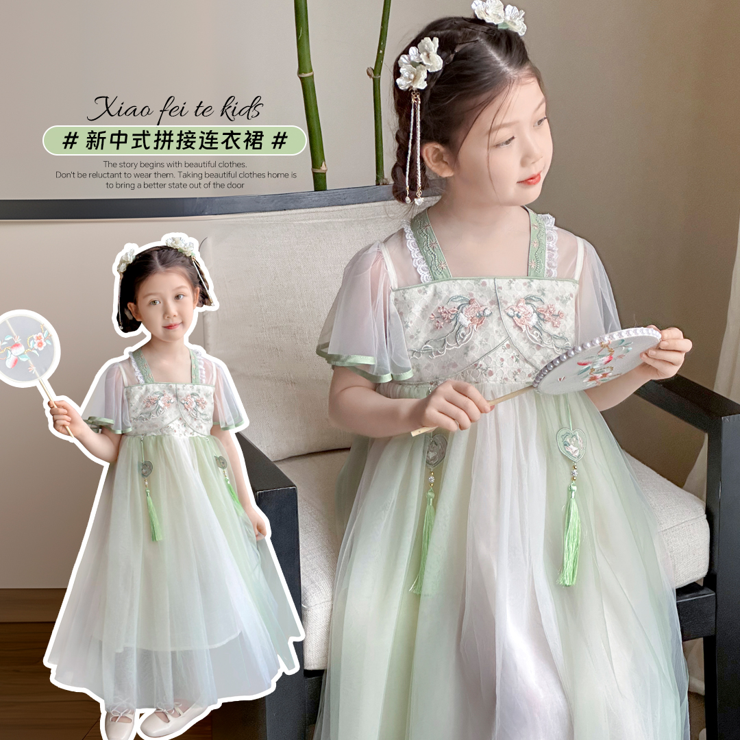 小菲特夏季新款女童6-12岁古风绣花裙中大童女宝汉服裙SSQX40768 