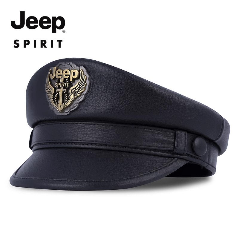 JEEP SPIRIT真皮帽子男士平顶水手船长帽时尚潮流牛皮单款鸭舌帽