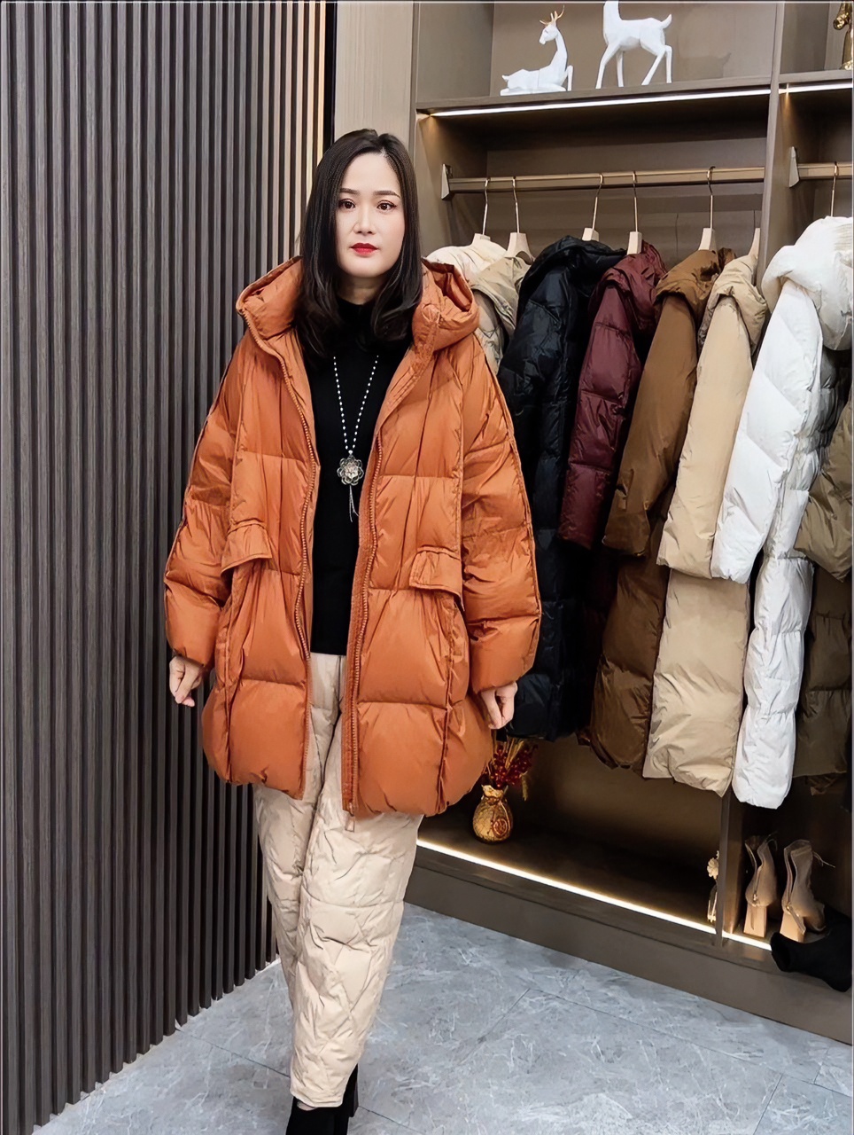 冬季新款欧韩版百搭宽松显瘦大码时尚连帽洋气加厚中长款羽绒服外