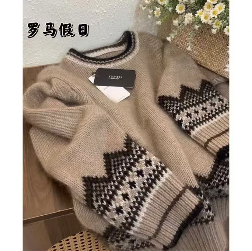 【土耳其】拼色百搭圆领加厚长袖针织复古套头毛衣