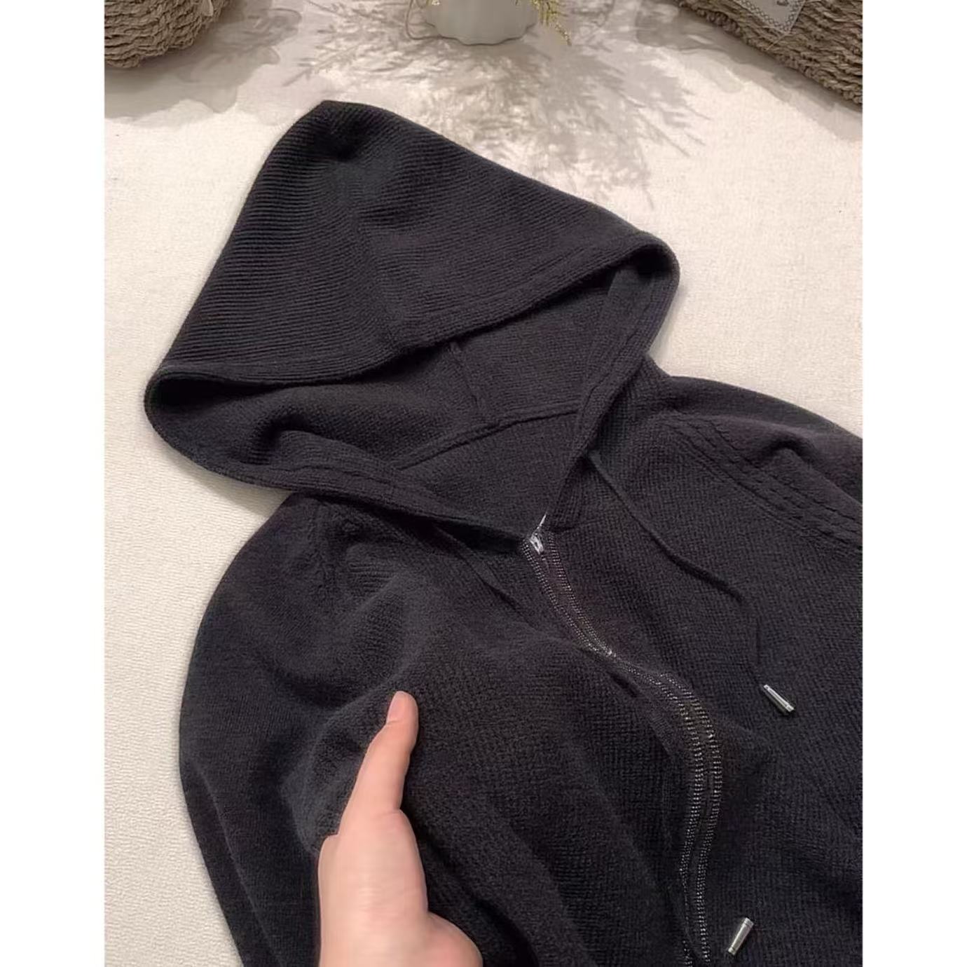 【双拉链灰帽衫】时尚休闲百搭女士针织连帽带帽开衫秋冬外套