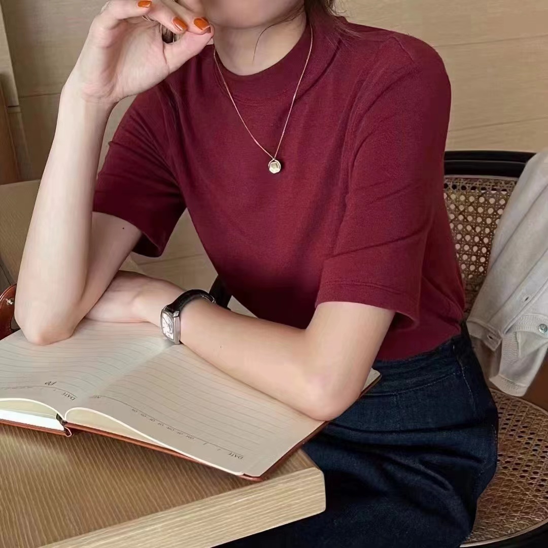 【中袖-热情红】柔软水溶安可拉红面膜圆领针织百搭短袖中袖女