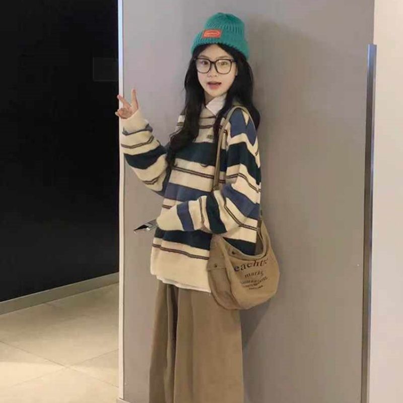 韩系秋冬新款日系撞色条纹减龄圆领套头毛衣女宽松慵懒风长袖针织