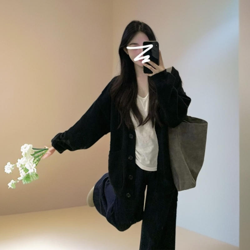 2024新款黑色慵懒风高级感毛衣早秋季女装韩系穿搭毛针织开衫外套