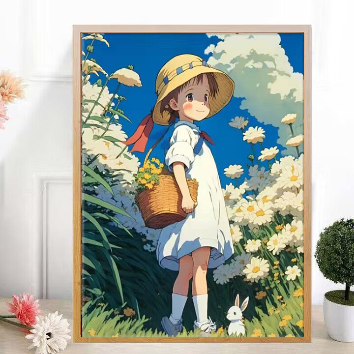 新款钻石画带框宫崎骏小女孩花朵儿童房卧室炫彩爆款满钻粘贴挂画