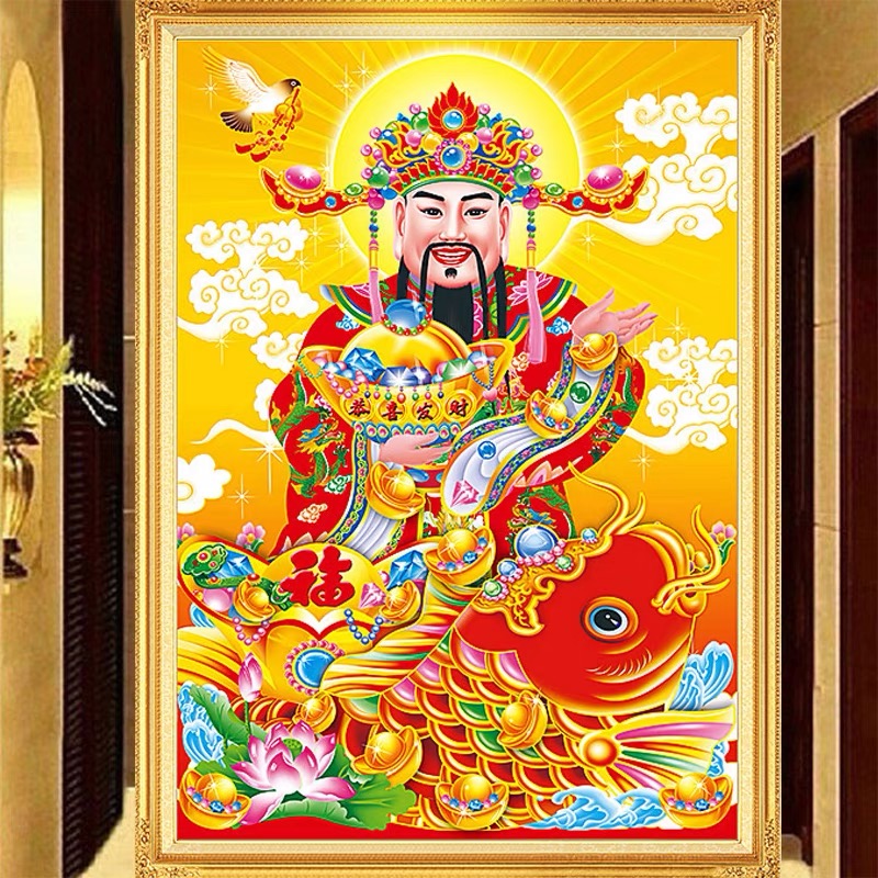 新款财神爷带框钻石画客厅玄关砖石画5D十字绣钻石绣贴钻粘钻点钻