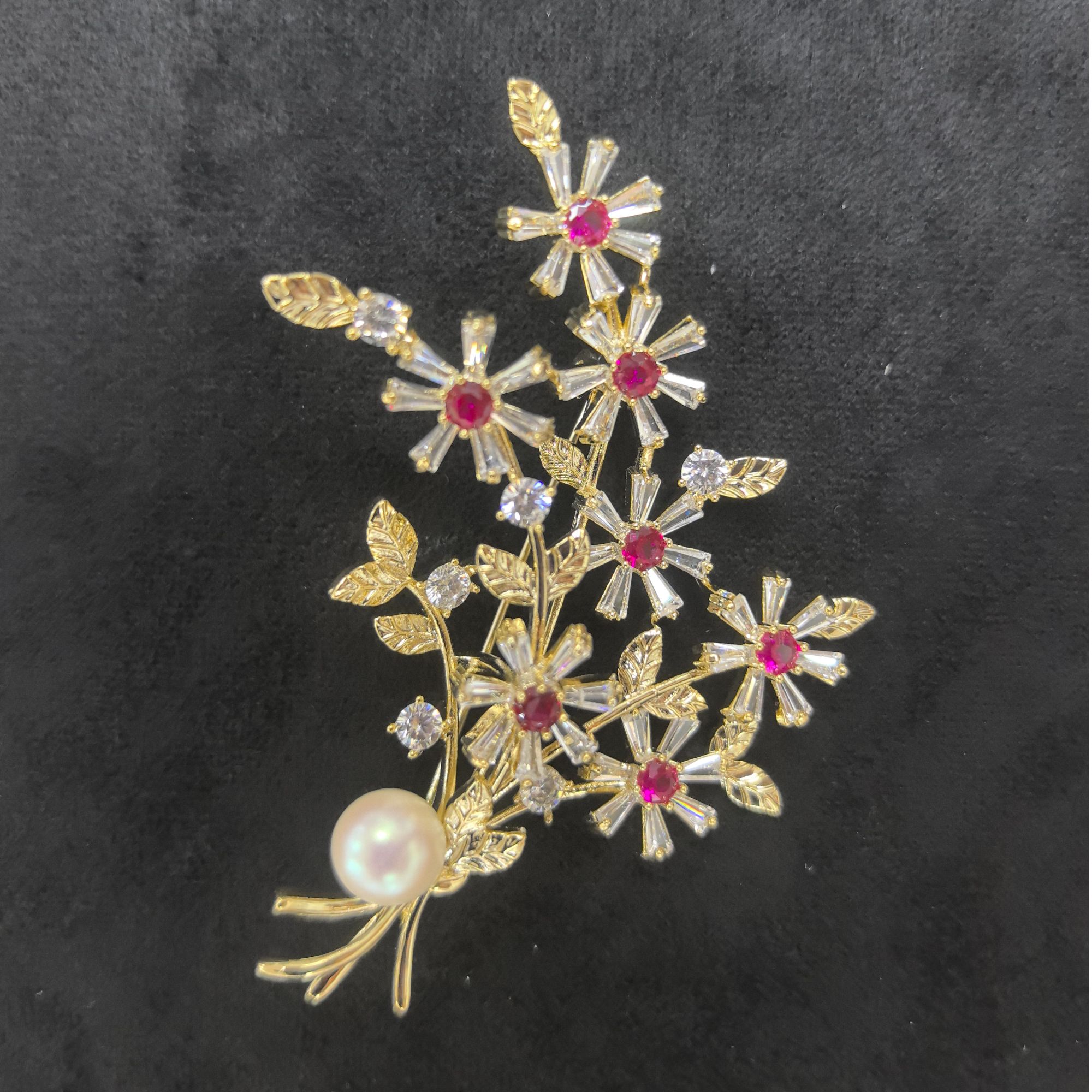 铜合金锆石胸针 满天星胸针复古时尚轻奢红色重工金色