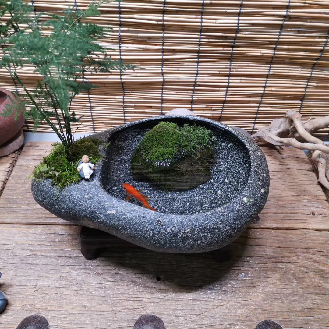 鹅卵石生活花瓶花盆烟灰缸鱼缸天然石头手工制作摆件石造景器皿