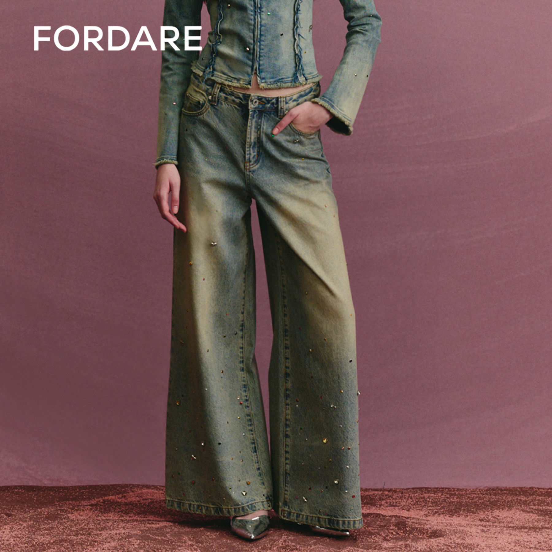 FORDARE/福蝶 秋季新品 星星彩钻复古直筒牛仔裤水.洗做旧3328