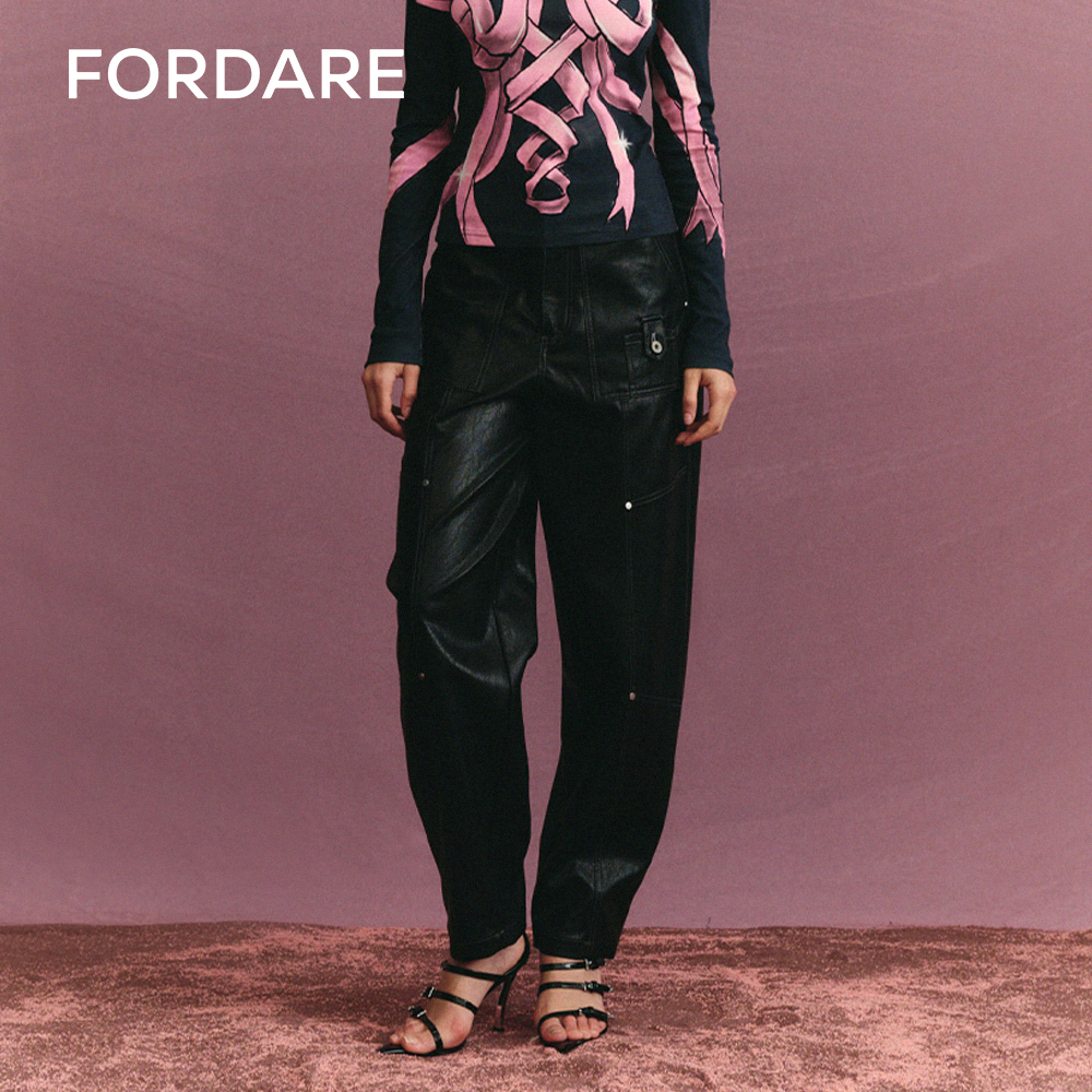 FORDARE福蝶秋季新品 帅气工装感皮裤时尚黑色朋克休闲潮裤1106