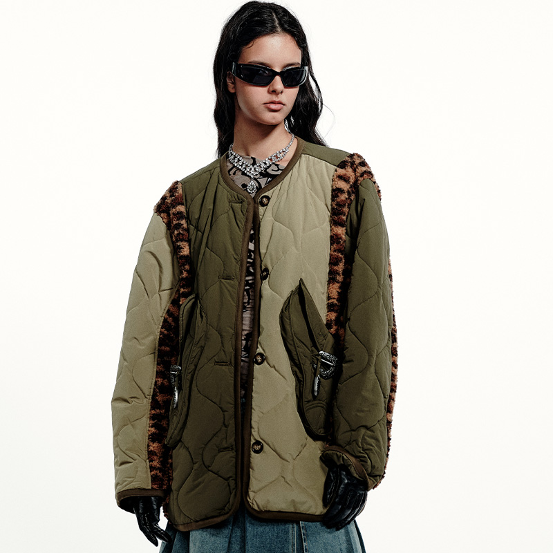 FORDARE/福蝶冬季新款保暖复古军绿拼接豹纹加厚时尚宽松棉衣1911