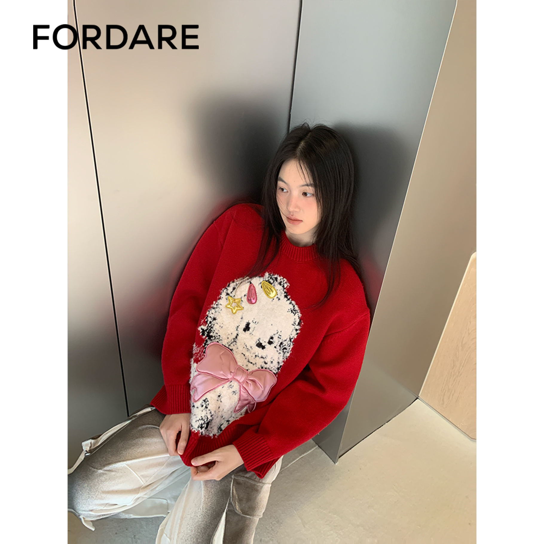 FORDARE福蝶 冬季新品 旺旺发卡蝴蝶结小狗红色毛衫加厚毛衣2211
