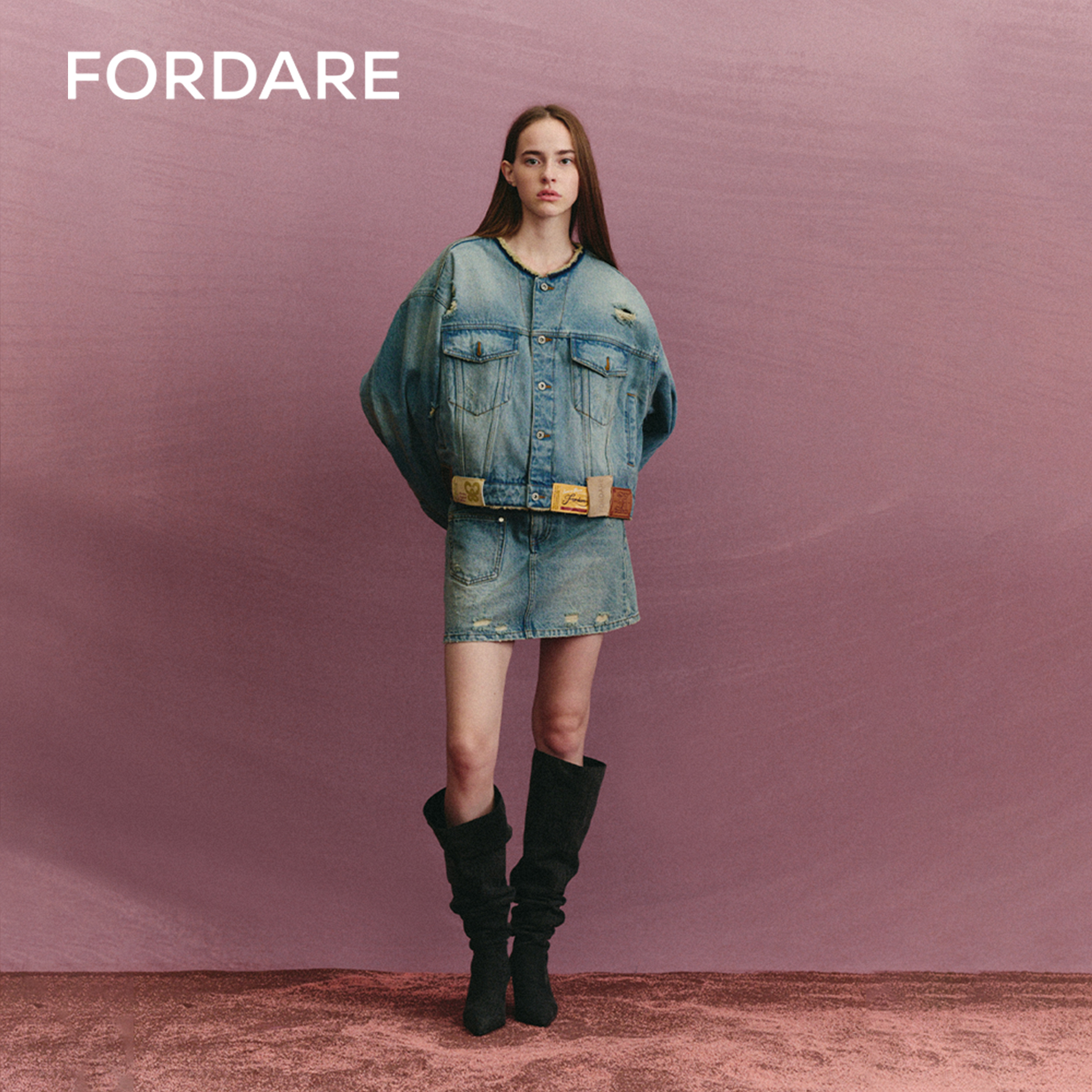 FORDARE福蝶秋季新品好多皮标的解构牛仔外套短款短裙3314/3310