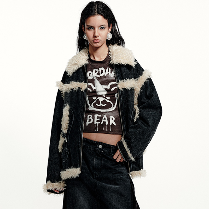 FORDARE福蝶 马鞍包黑色洗水拼接棉衣皮毛一体休闲加厚外套4968