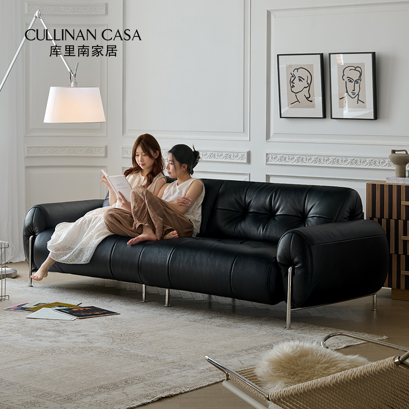 库里南家居空灵沙发真皮客厅头层牛皮法式中古黑色直排复古沙发