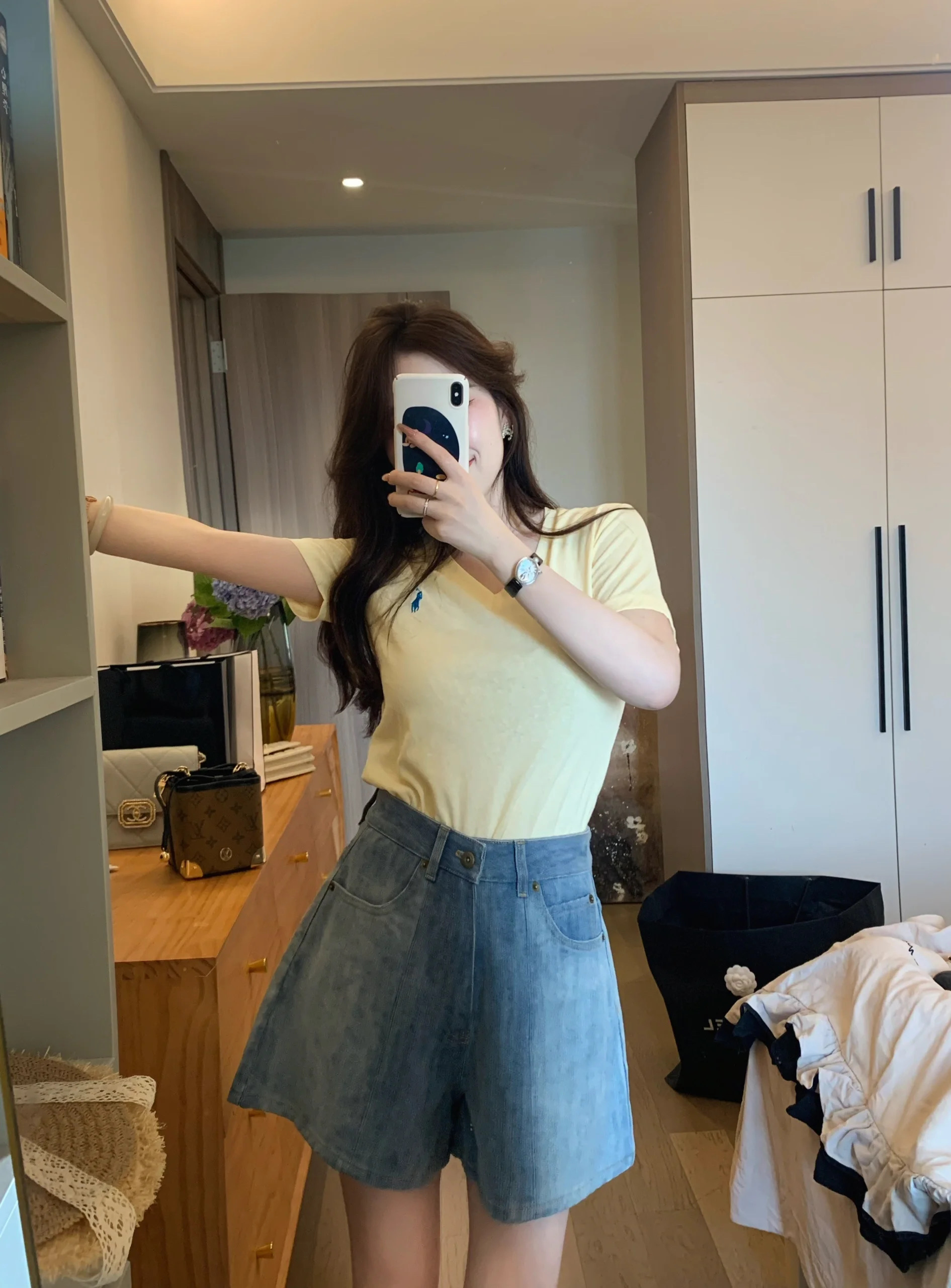 轻奢极简竹节感v领刺绣亲肤透气上衣短袖T恤女韩系简约