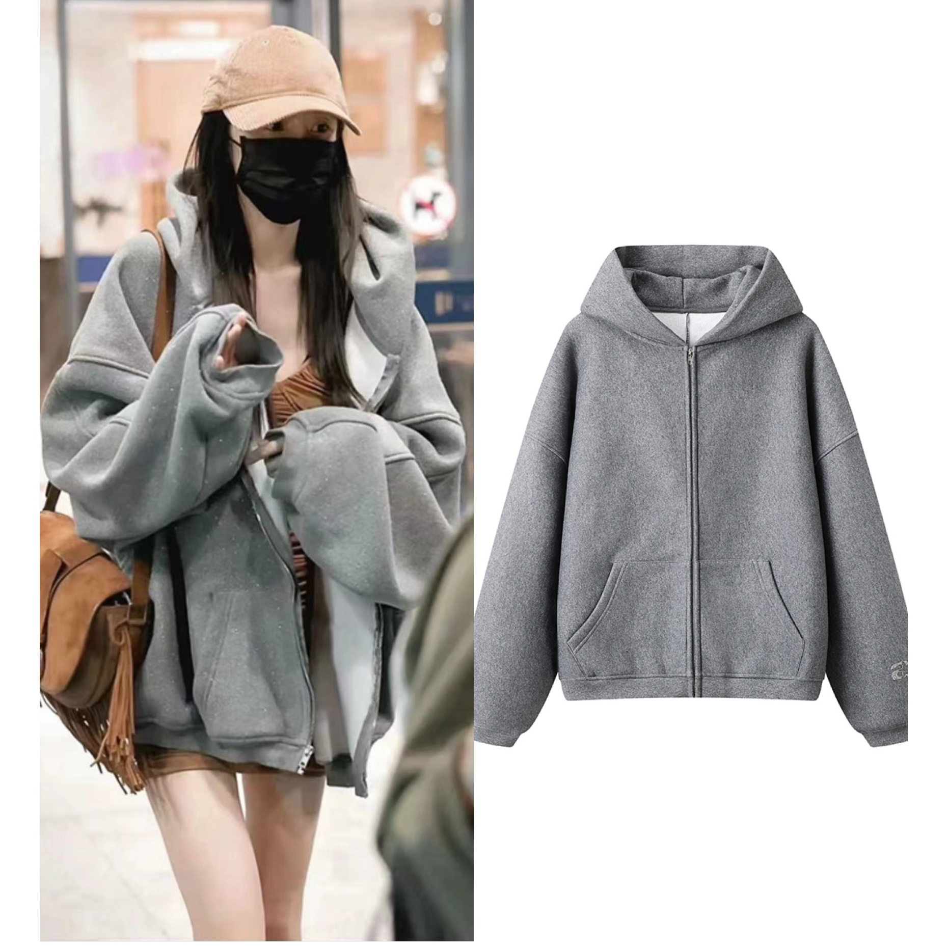 【M164】大幂幂男女同款灰色细闪粉拉链连帽加绒百搭宽松外套