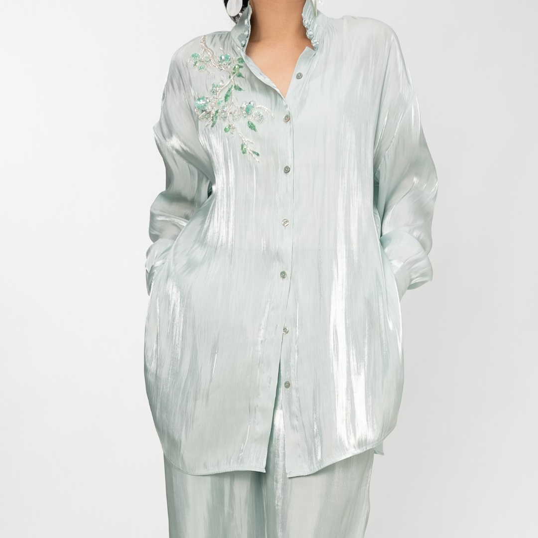 爱妃原创【翠微】海盐绿手工盘扣新中式薄款衬衫长袖上衣86323