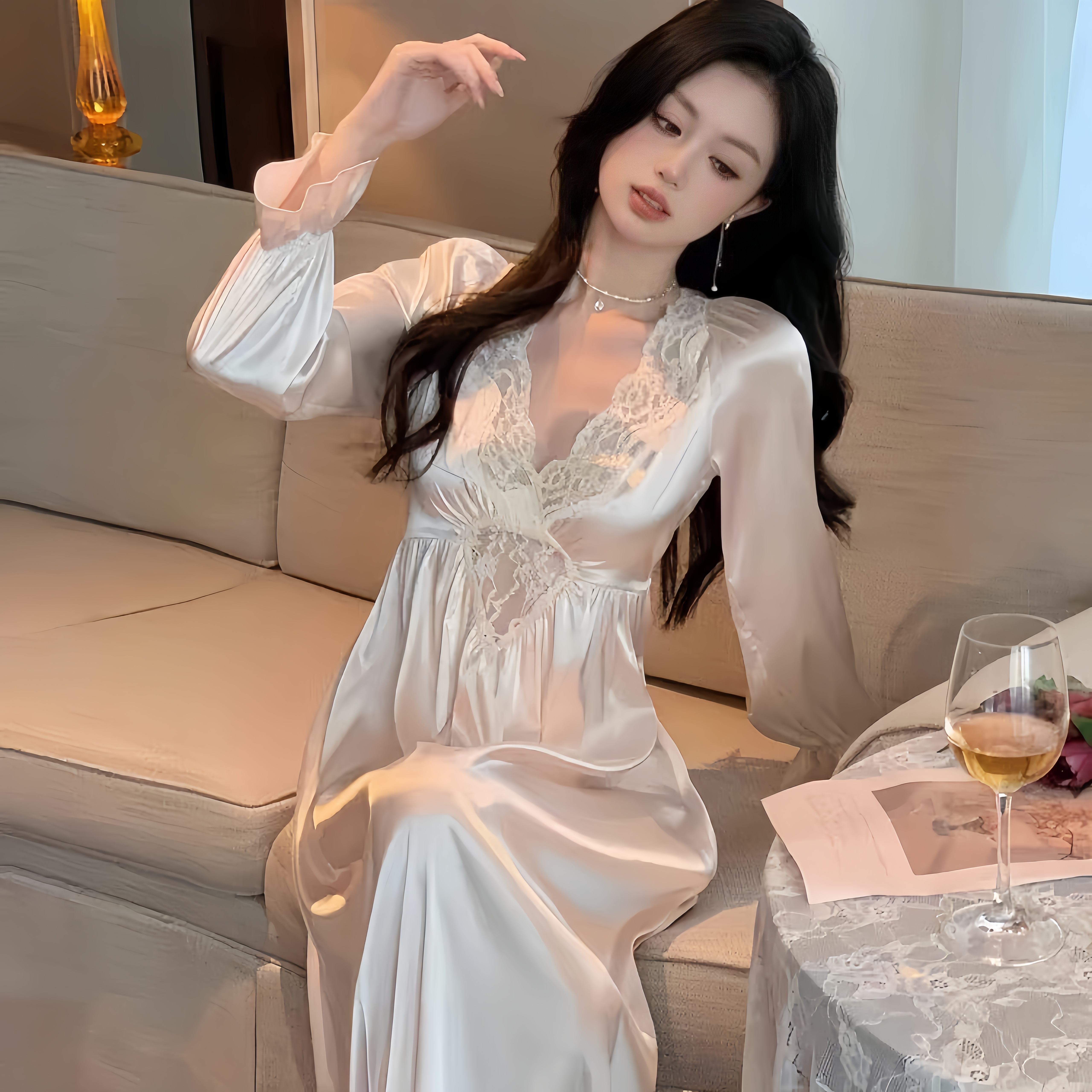 【法式浪漫】夏季薄款白色新款睡裙女长袖性感洋气长款睡衣家居服