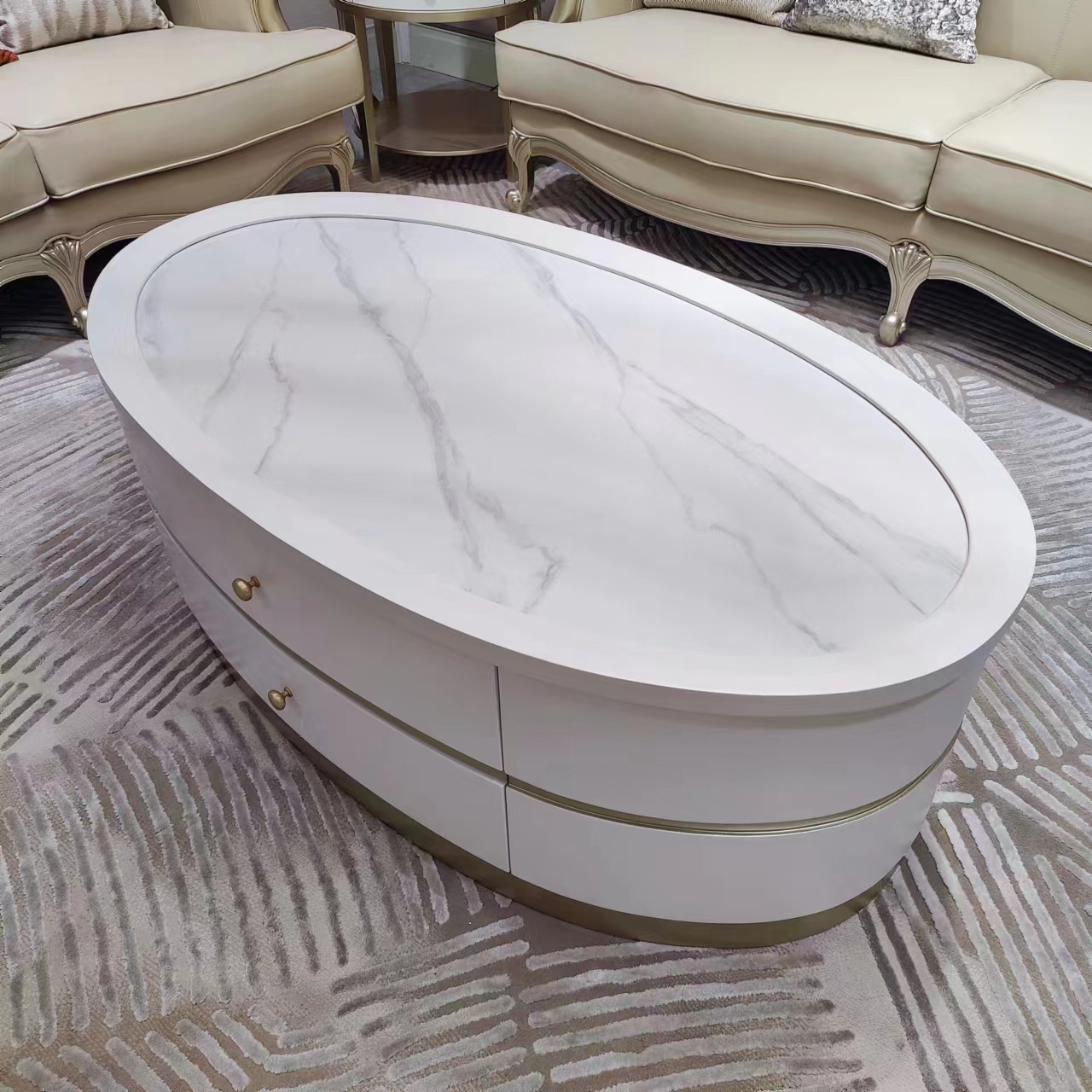 FN19美式轻奢实木椭圆茶几大小户型客厅家用豪华别墅简约储物茶几