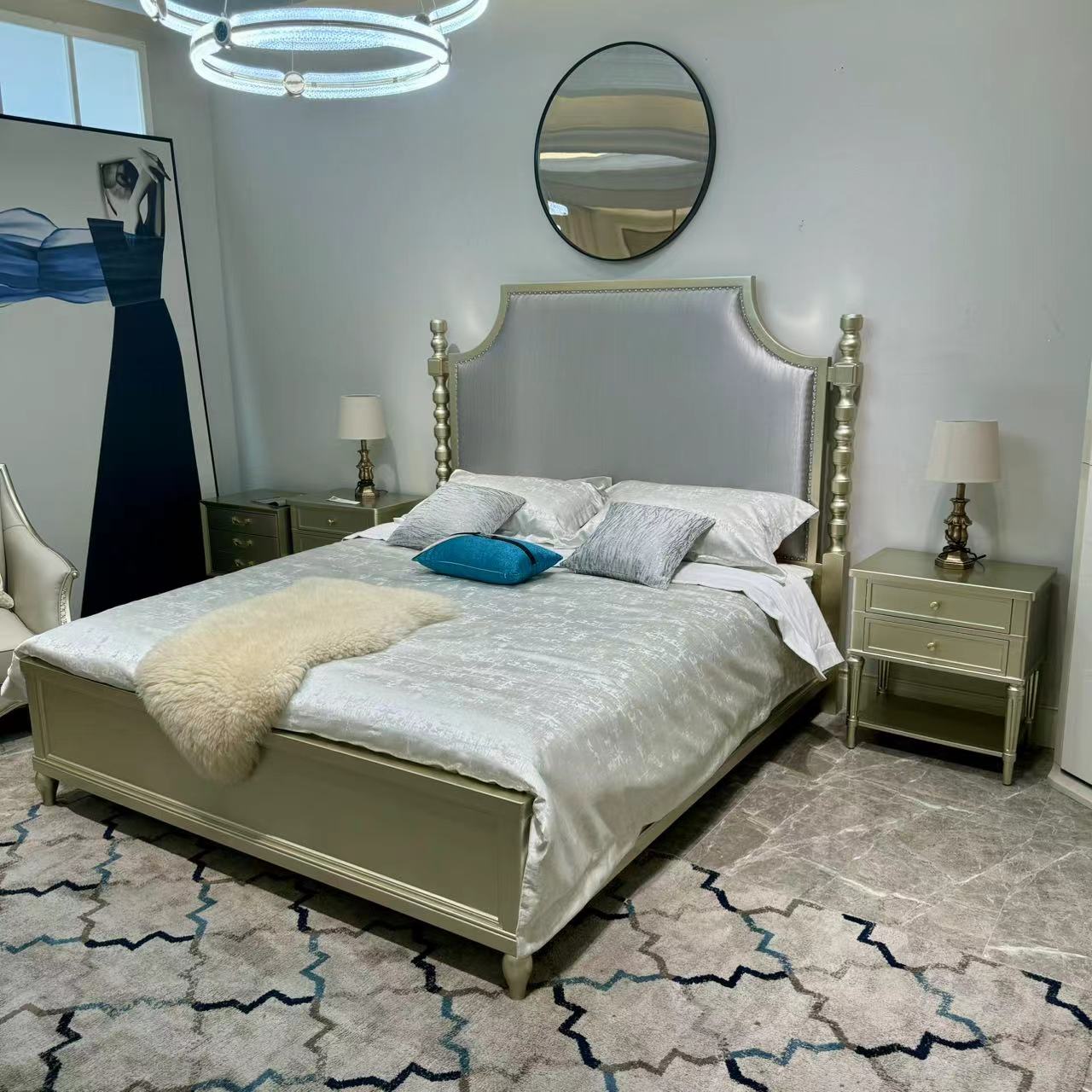 FA27美式轻奢实木床豪华别墅卧室主卧双人冰柱大床软包皮艺布艺床