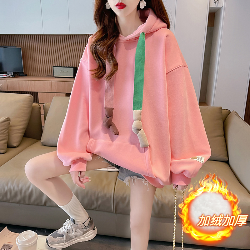 2024年新款韩版宽松设计感中长款卫衣女百搭连帽长袖慵懒风卫衣女