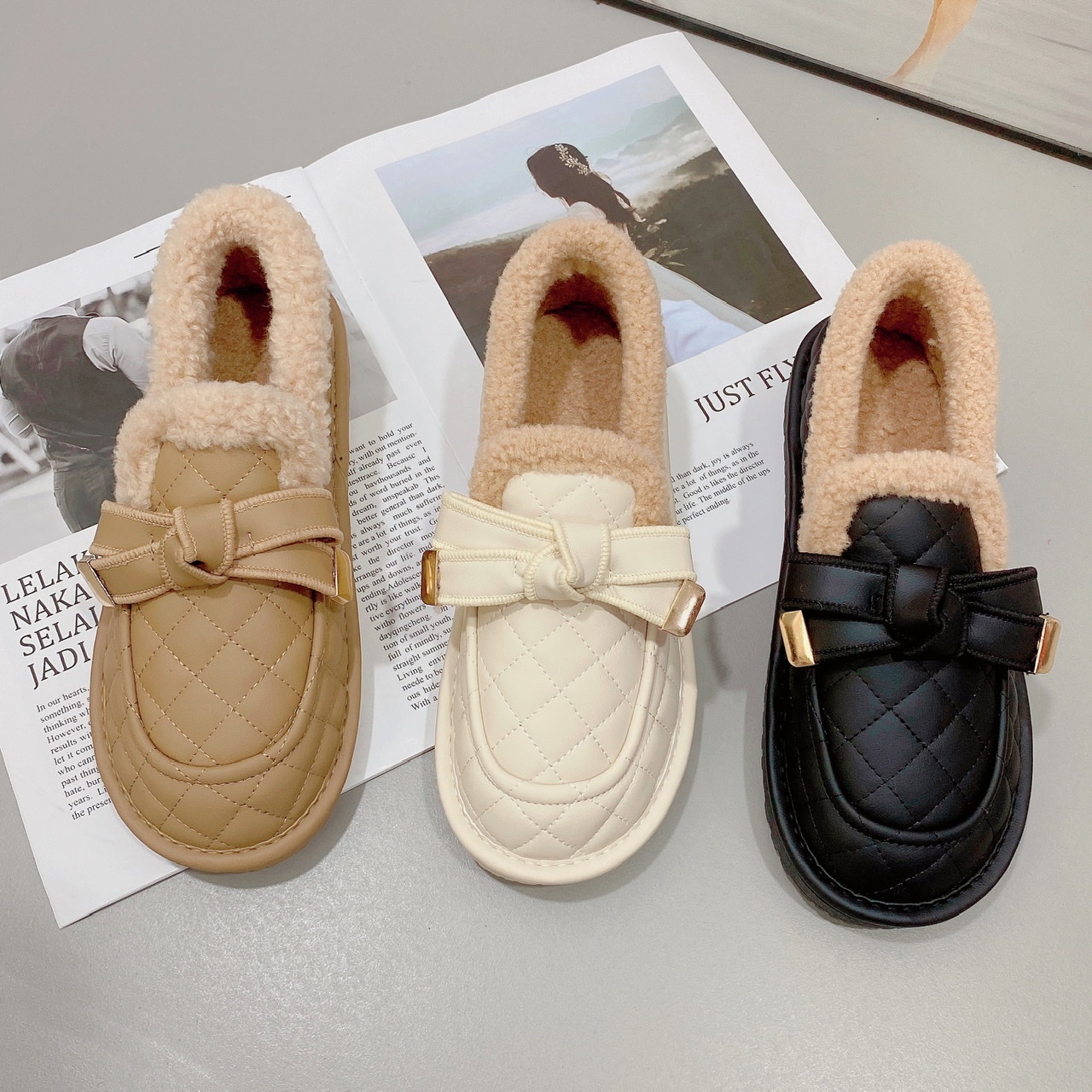 豆豆鞋女2023秋冬季新款防滑加绒蝴蝶结棉鞋保暖加厚百搭单鞋女