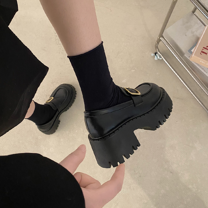 67cm黑色厚底真皮小皮鞋增高小个子2023秋冬新款百搭乐福鞋单鞋女