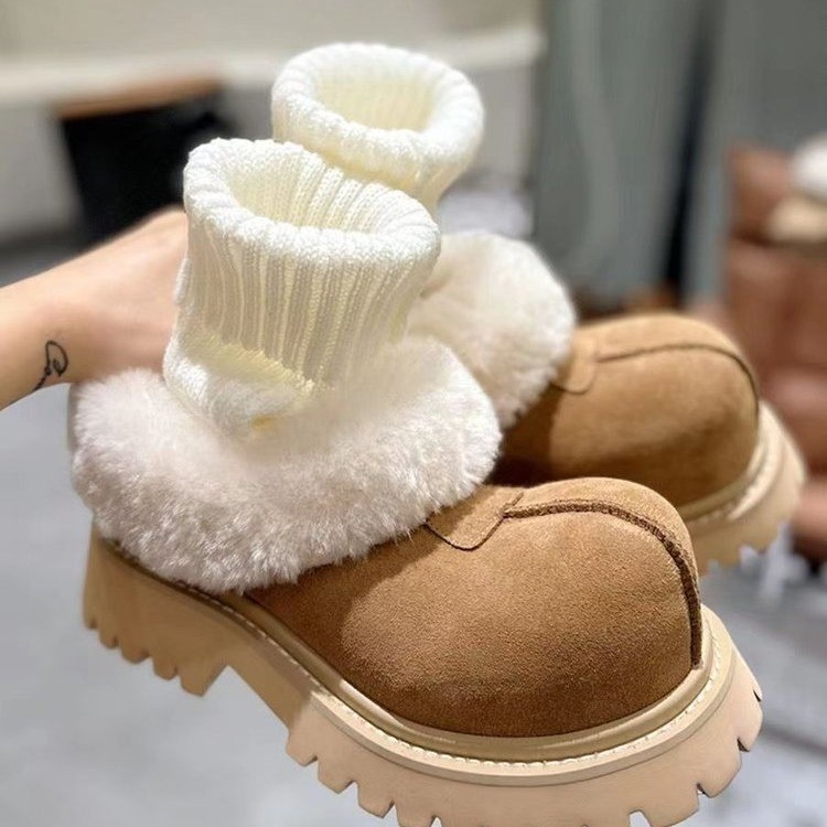 大头鞋皮毛一体厚底毛毛鞋女丑萌雪地靴2023冬季加绒保暖面包棉鞋