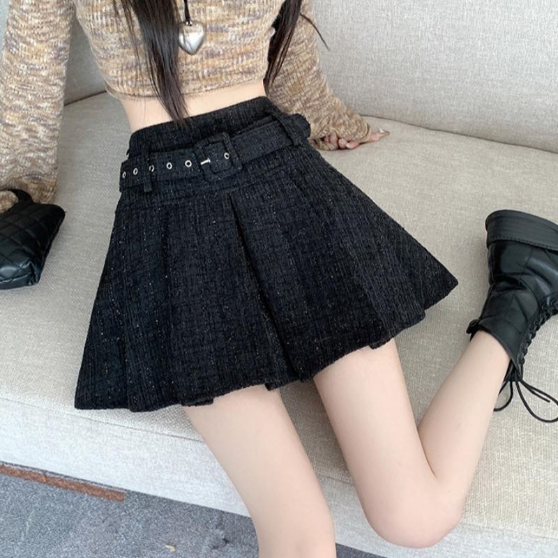 小香风黑色半身裙女秋冬季2024新款加厚高腰百褶裙小个子a字短裙