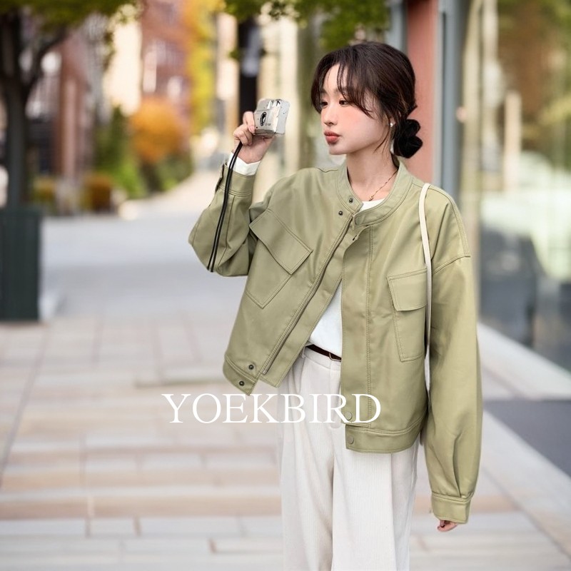 2025新款尤柯鸟绿色立领皮衣外套女春秋爆款减龄机车服pu皮