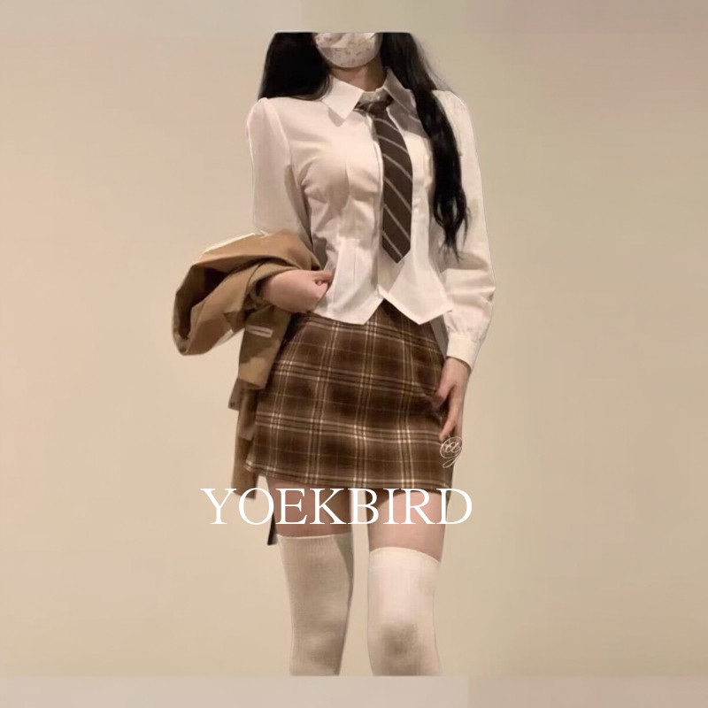 尤柯鸟美式学院风秋冬小西装套装jk制服收腰辣妹衬衫半身裙三件套