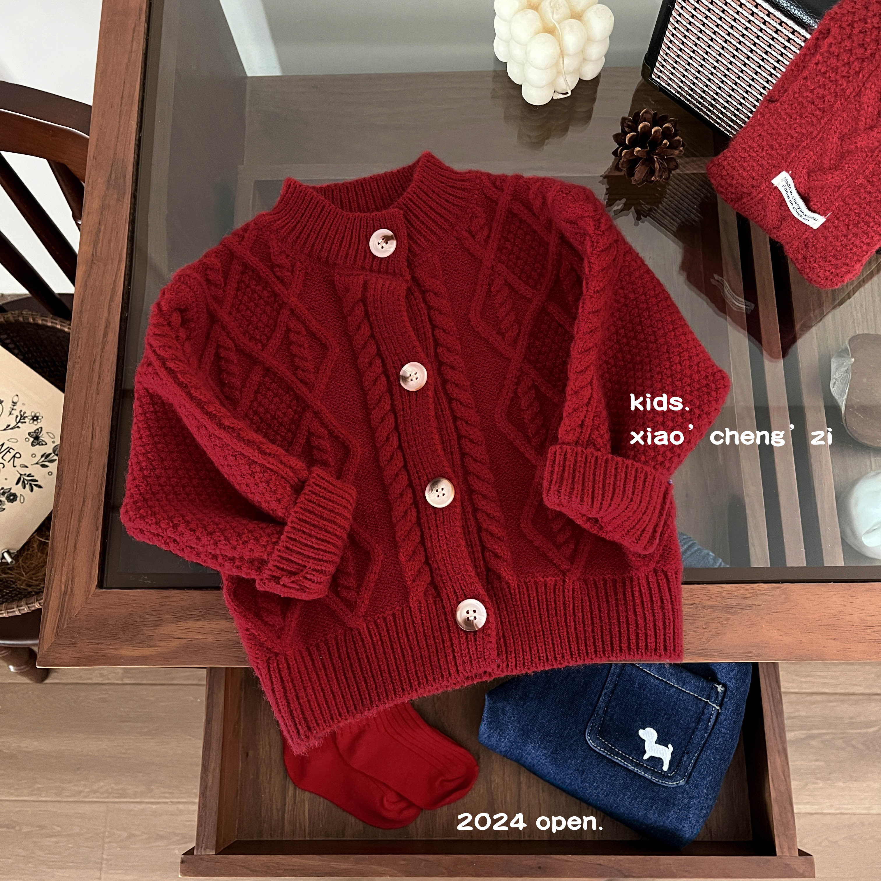 T24D150儿童毛衣开衫女童男童洋气宝宝复古红色韩版秋冬小童纯色