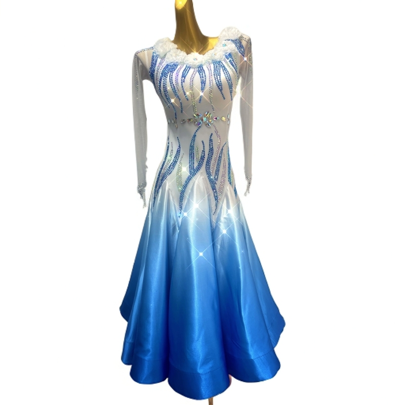 舞依阁新品定制款渐变蓝白色可改袖飘国标舞摩登舞表演赛服交谊舞