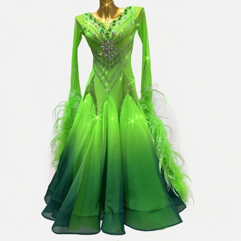 舞依阁新品定制款荧光绿进口面料国标舞摩登舞表演赛服交谊舞裙