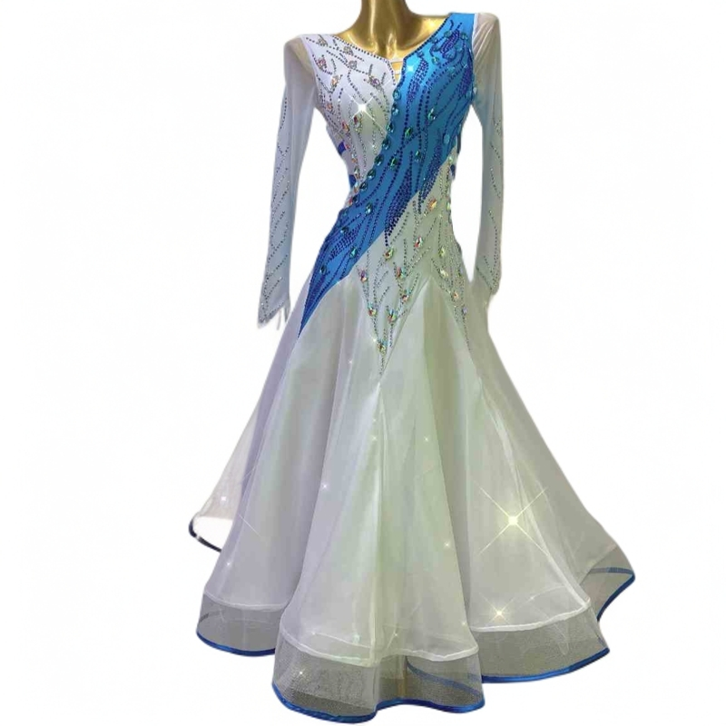 舞依阁新款蓝白色大摆裙国际舞摩登舞表演赛服华尔兹交谊舞裙定制