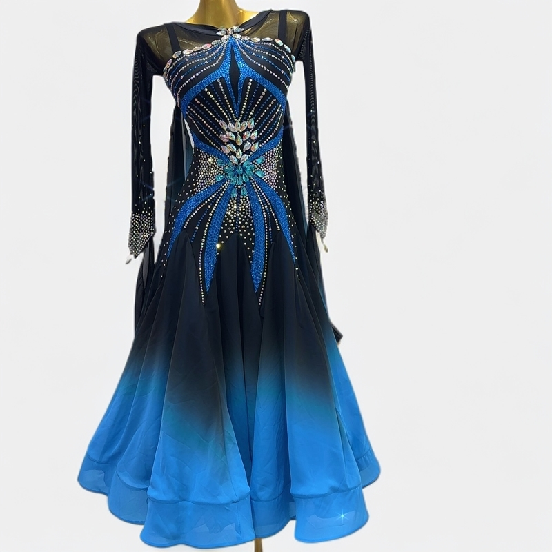 舞依阁新款黑蓝渐变色摩登舞裙国标舞裙表演赛服交谊舞裙高档定制