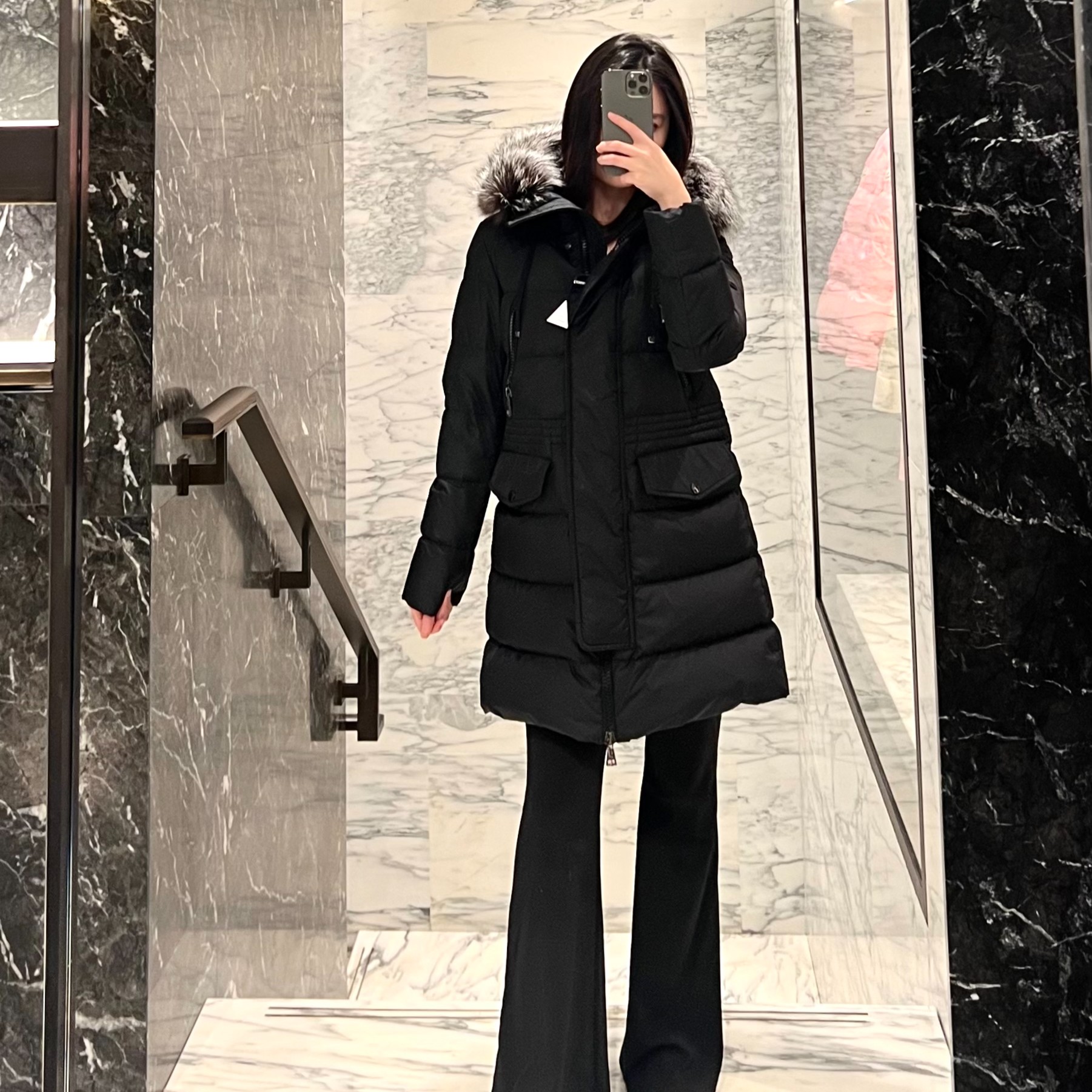 全新未使用 MONCLER 张天爱同款蒙口连帽真毛羽绒服外套/aphroti